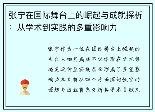 张宁在国际舞台上的崛起与成就探析：从学术到实践的多重影响力